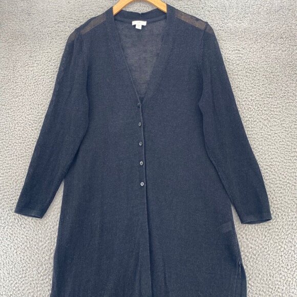 J Jill Sweater Womens Medium Petite Black Linen Blend Longline Cardigan Button - Picture 1 of 10
